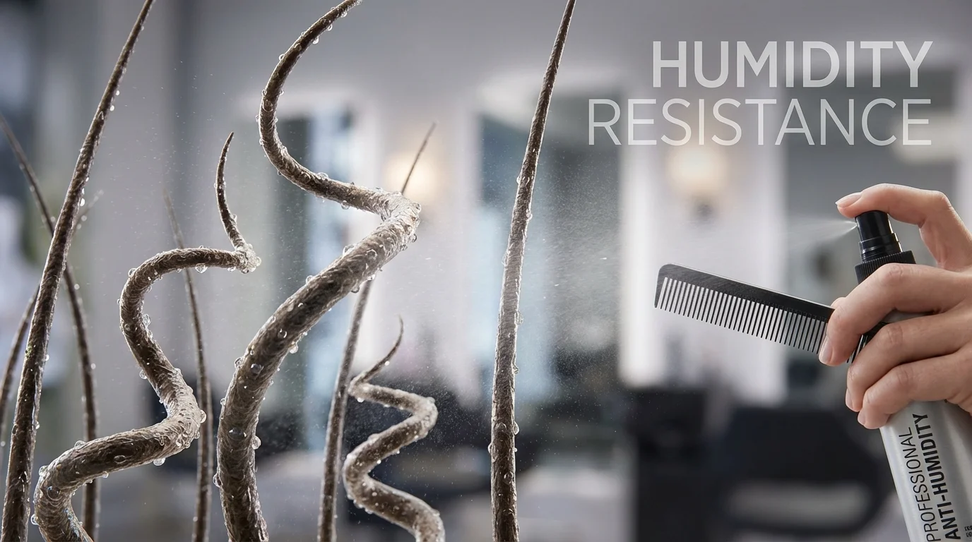 Close-up of hair cuticles being treated with protective styling products.