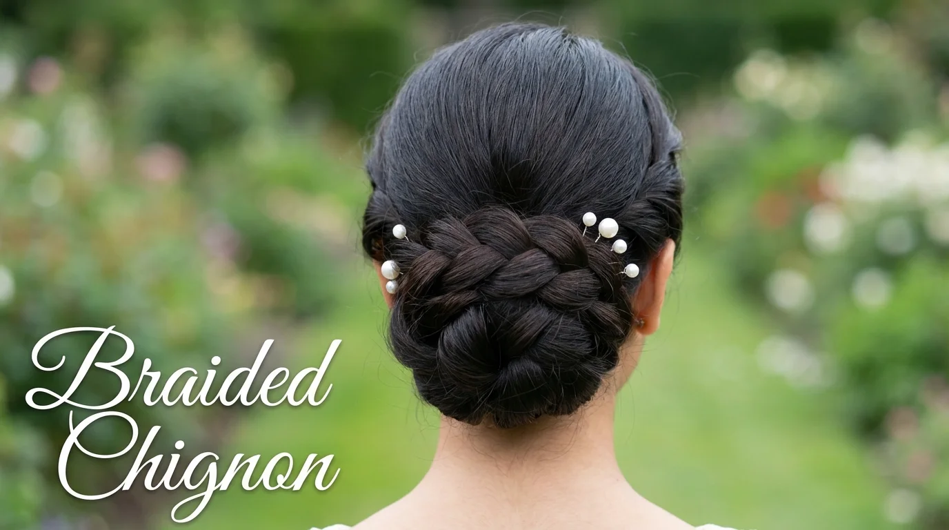 An intricate braided low chignon secured with pins and pearls.