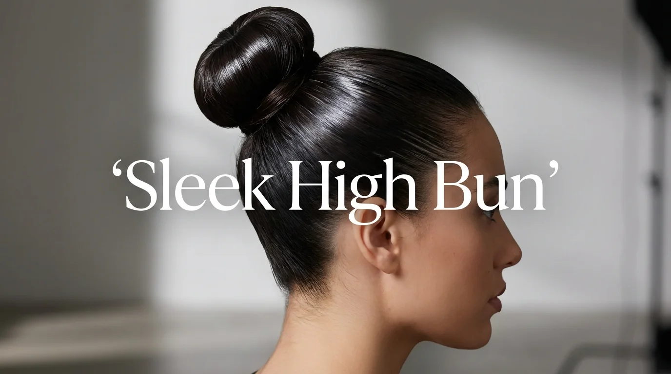 A high-fashion sleek bun positioned at the crown of the head.