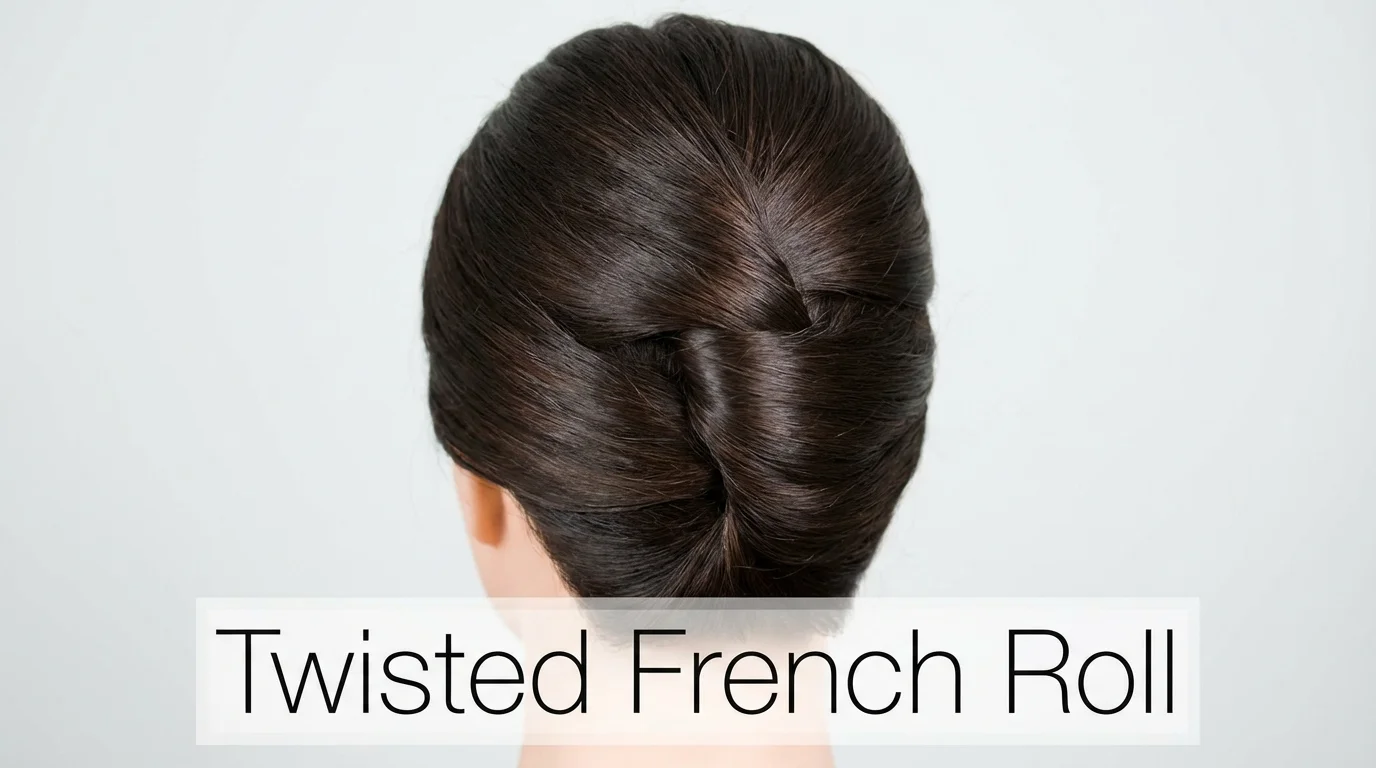 A modern vertical French roll hairstyle for a wedding guest.