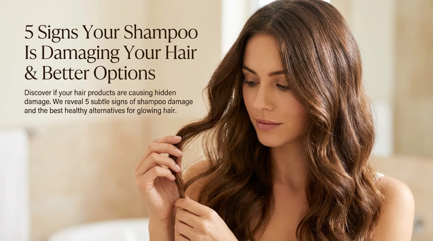 Close-up of person with frizzy hair examining strands to identify shampoo damage from harsh surfactants