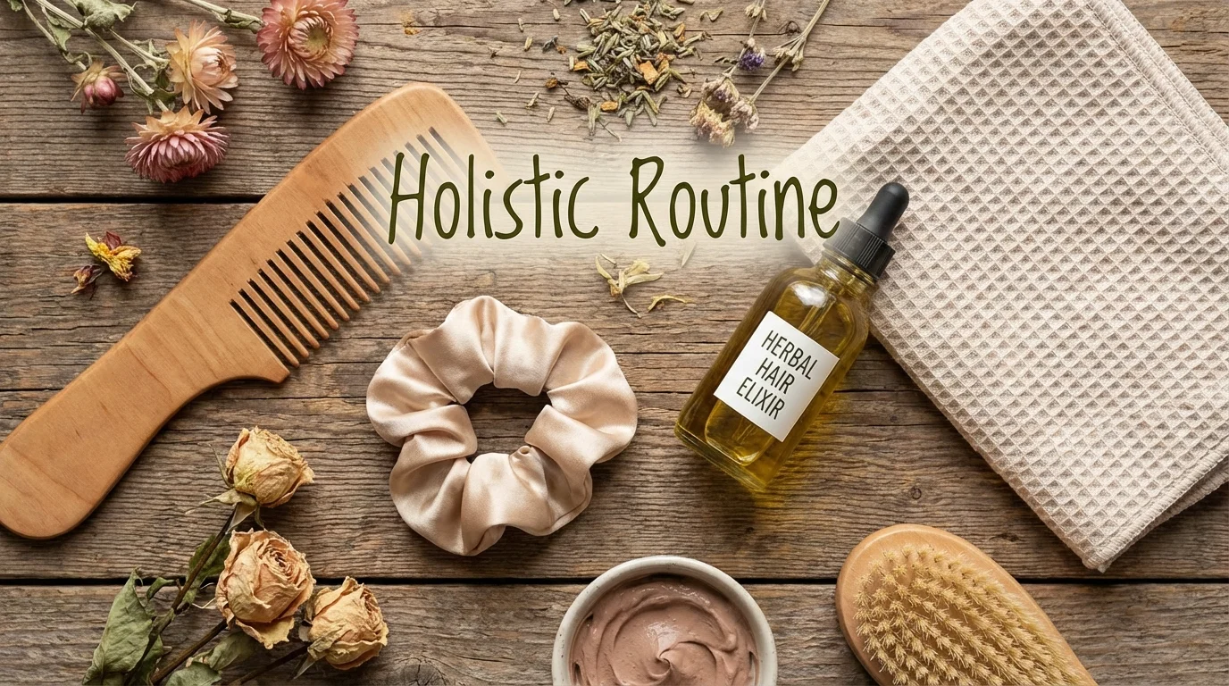 A complete holistic hair care routine with natural tools and products.