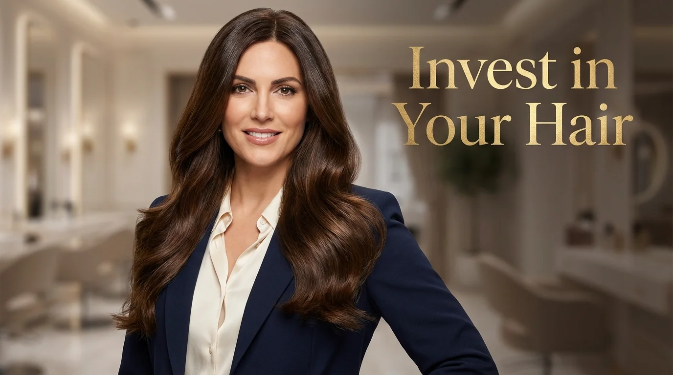 Portrait of a woman with healthy, glowing hair after a proper hair care routine.