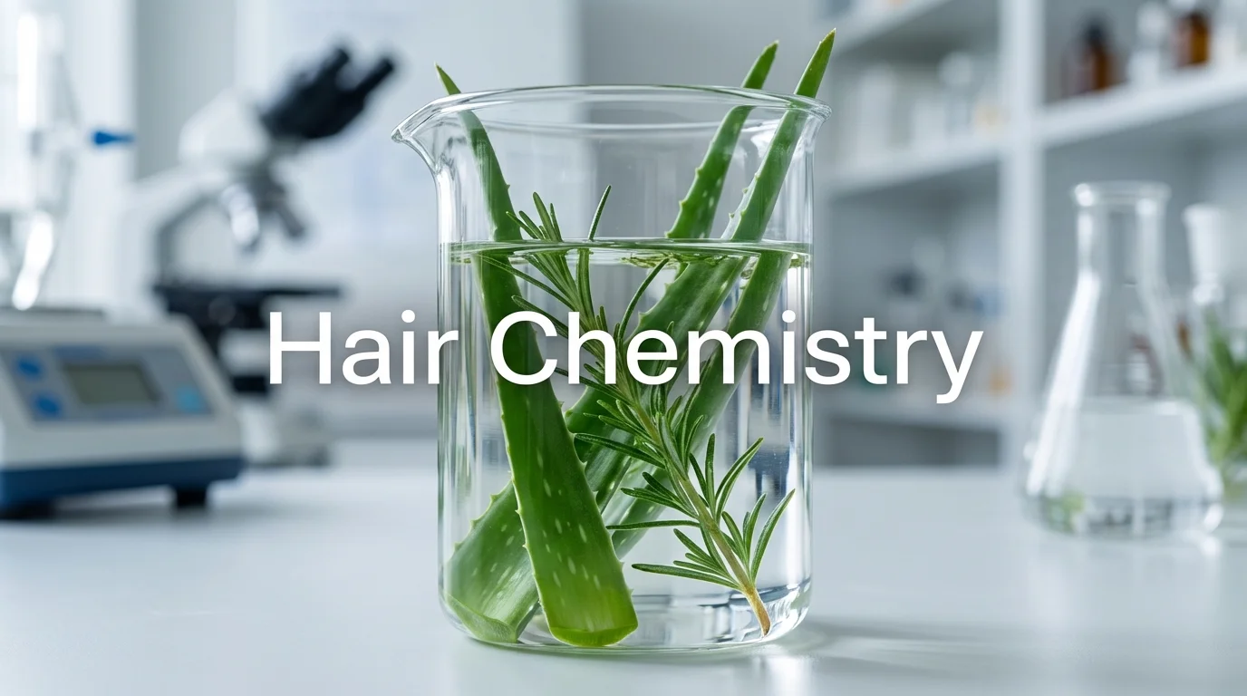 Scientific representation of hair care ingredients and botanical extracts.