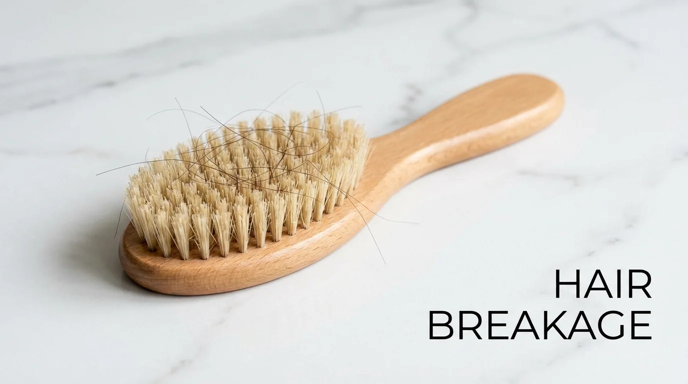 Hair strands caught in a brush indicating breakage and shedding.