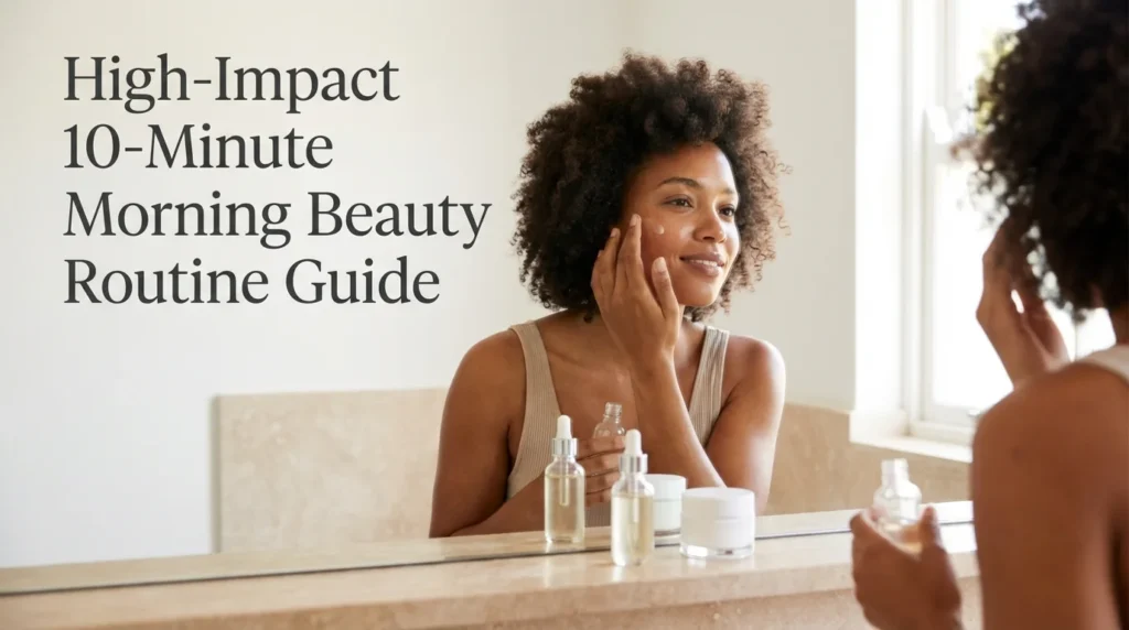 A curated selection of essential skincare and makeup products arranged on a marble vanity for a fast and efficient 10-minute morning beauty routine.