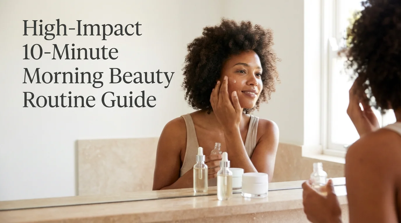 A curated selection of essential skincare and makeup products arranged on a marble vanity for a fast and efficient 10-minute morning beauty routine.