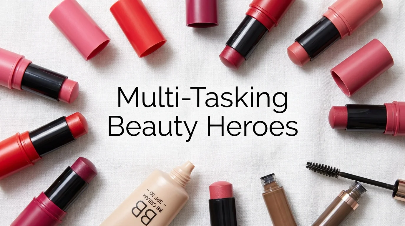 Selection of multi-use makeup products for a fast morning routine.
