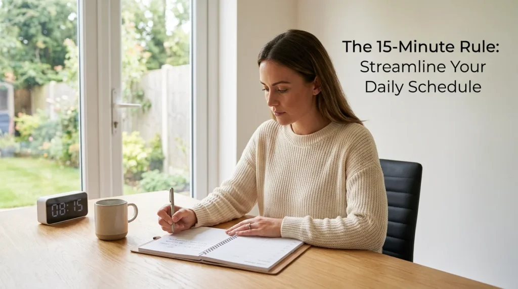 A minimalist workspace featuring a focused professional using a 15-minute timer and a digital planner to streamline their daily schedule and prevent burnout.