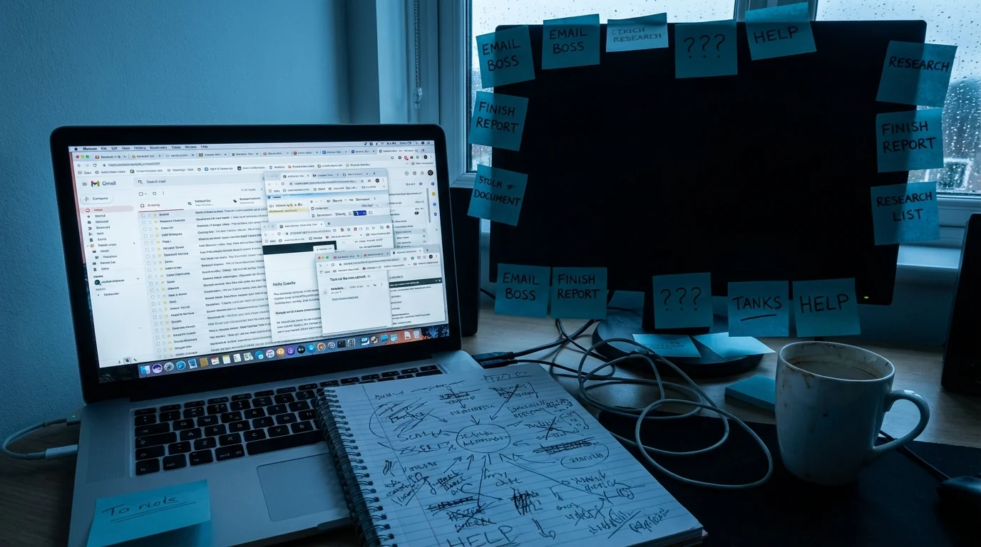 A cluttered desk and busy laptop screen representing work-related stress and task paralysis.