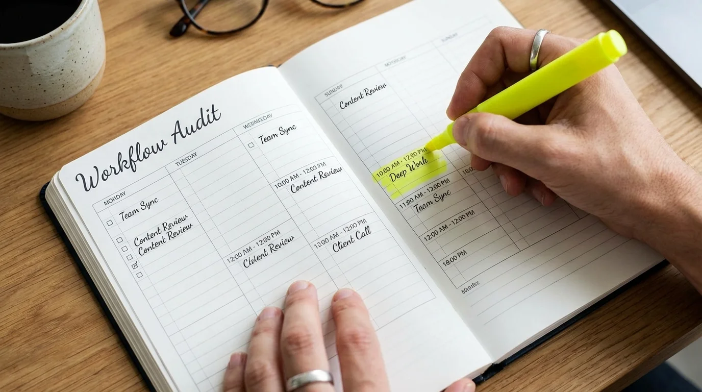 A close-up of a hand auditing and highlighting a daily schedule in a paper planner.