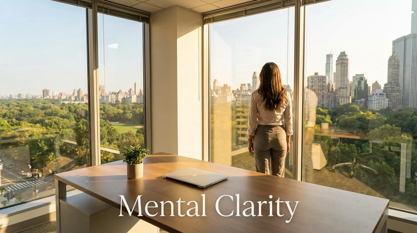 A professional taking a break by a window to gain mental clarity and combat decision fatigue.