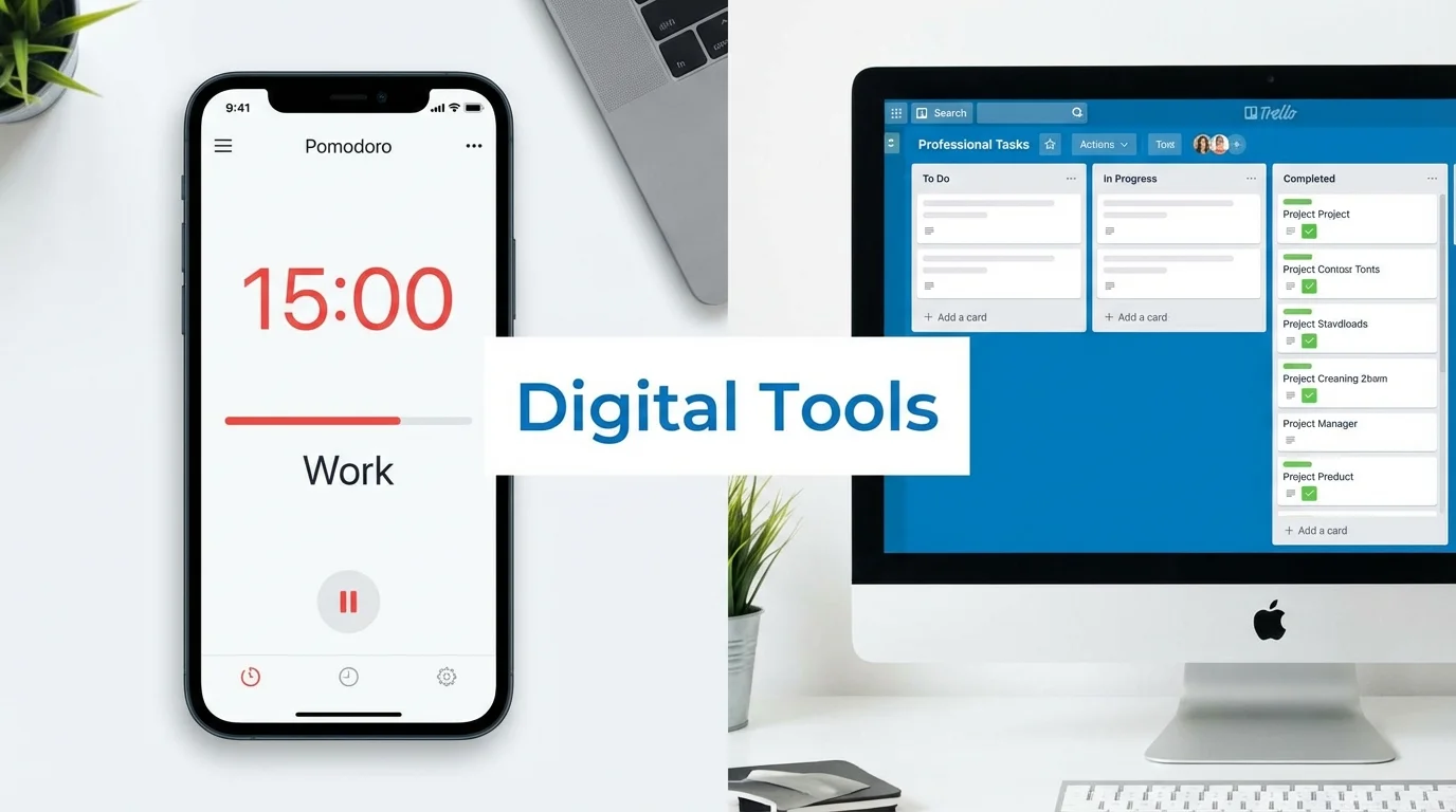 A split-screen comparison of a productivity timer and task management software.