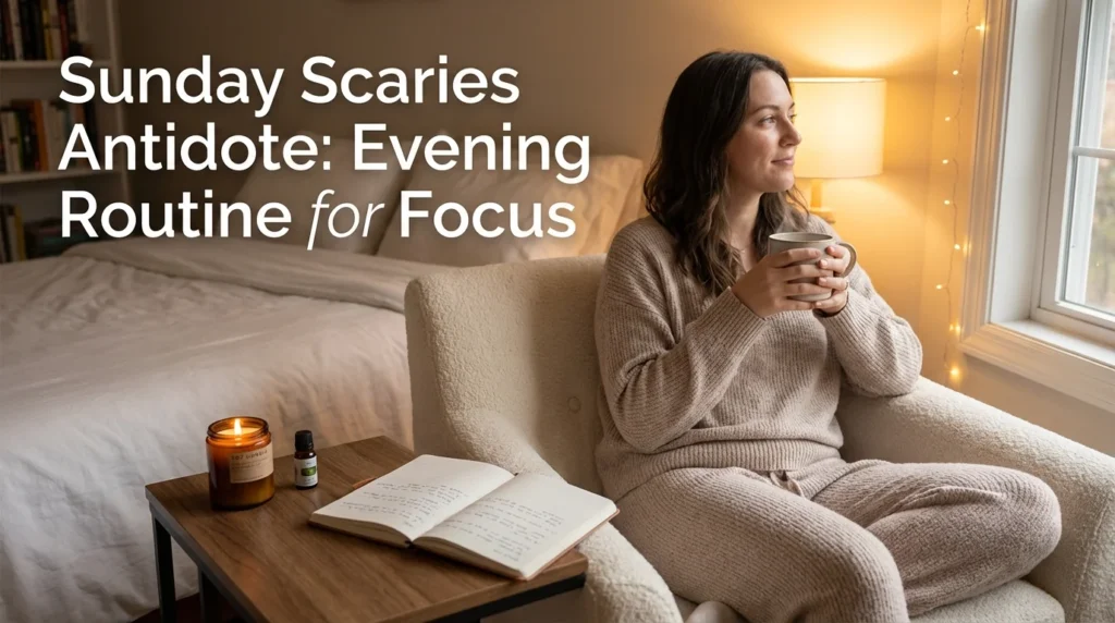 A peaceful person practicing a calming Sunday evening routine with a planner and herbal tea to combat Sunday Scaries anxiety.