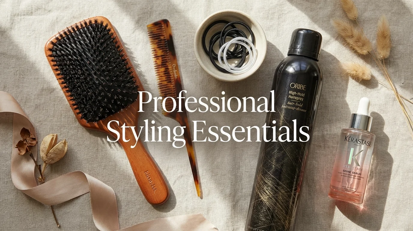 A collection of high-end hair tools and products for creating a sleek bun.