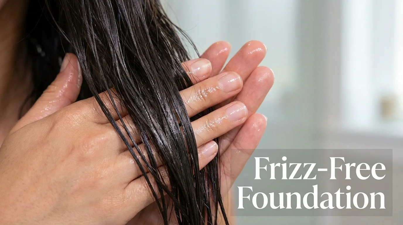 Close-up of hair oil application for a smooth hair base.