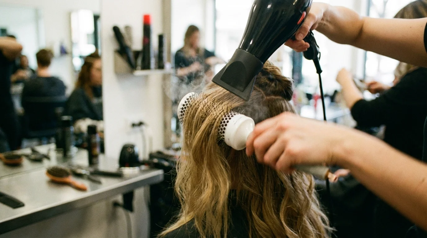 Blow drying hair with a concentrator nozzle to remove frizz.