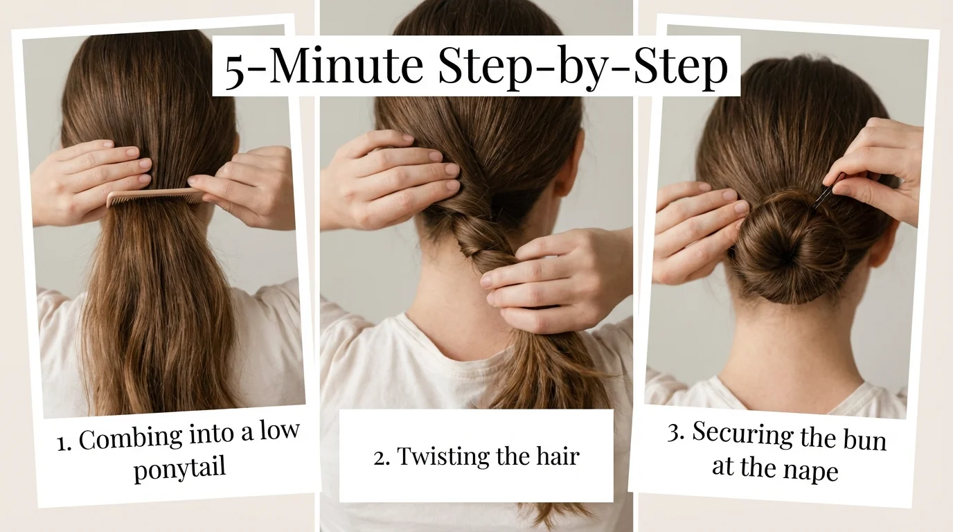 A step-by-step visual guide for creating a sleek low bun.