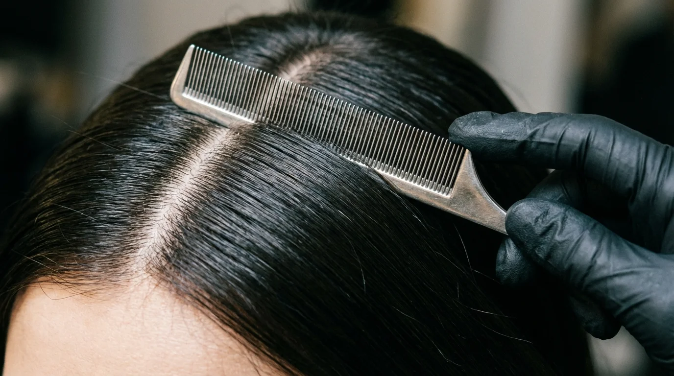 Using a tail comb to create a precision center part.