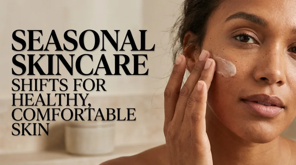 A flat lay of various skincare products like moisturizers and sunscreens surrounded by seasonal elements like autumn leaves and spring flowers to illustrate seasonal skincare shifts.