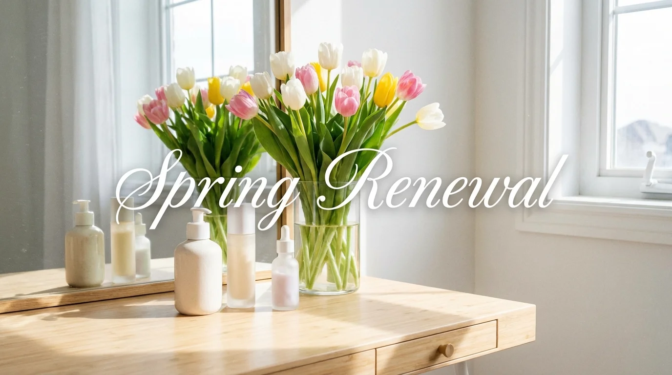 Light skincare products on a vanity during springtime.