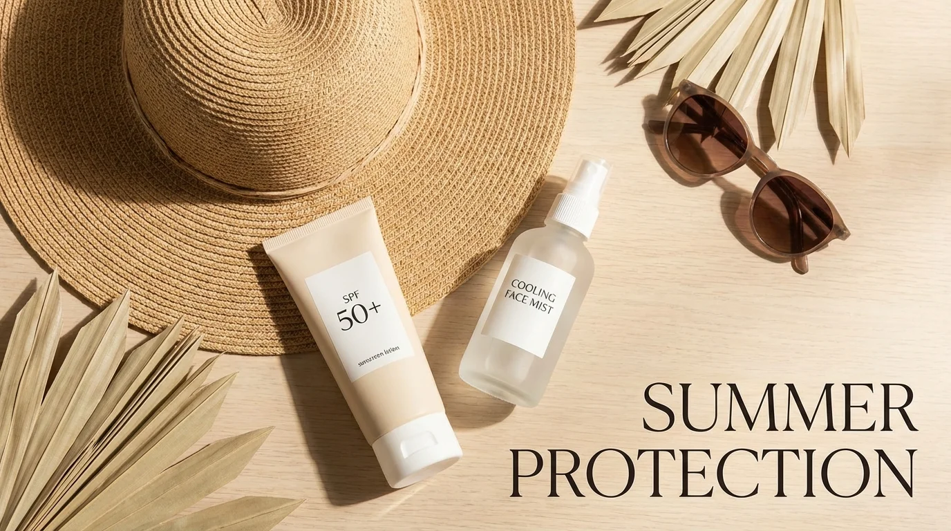 Essential summer skincare products and sun protection items.