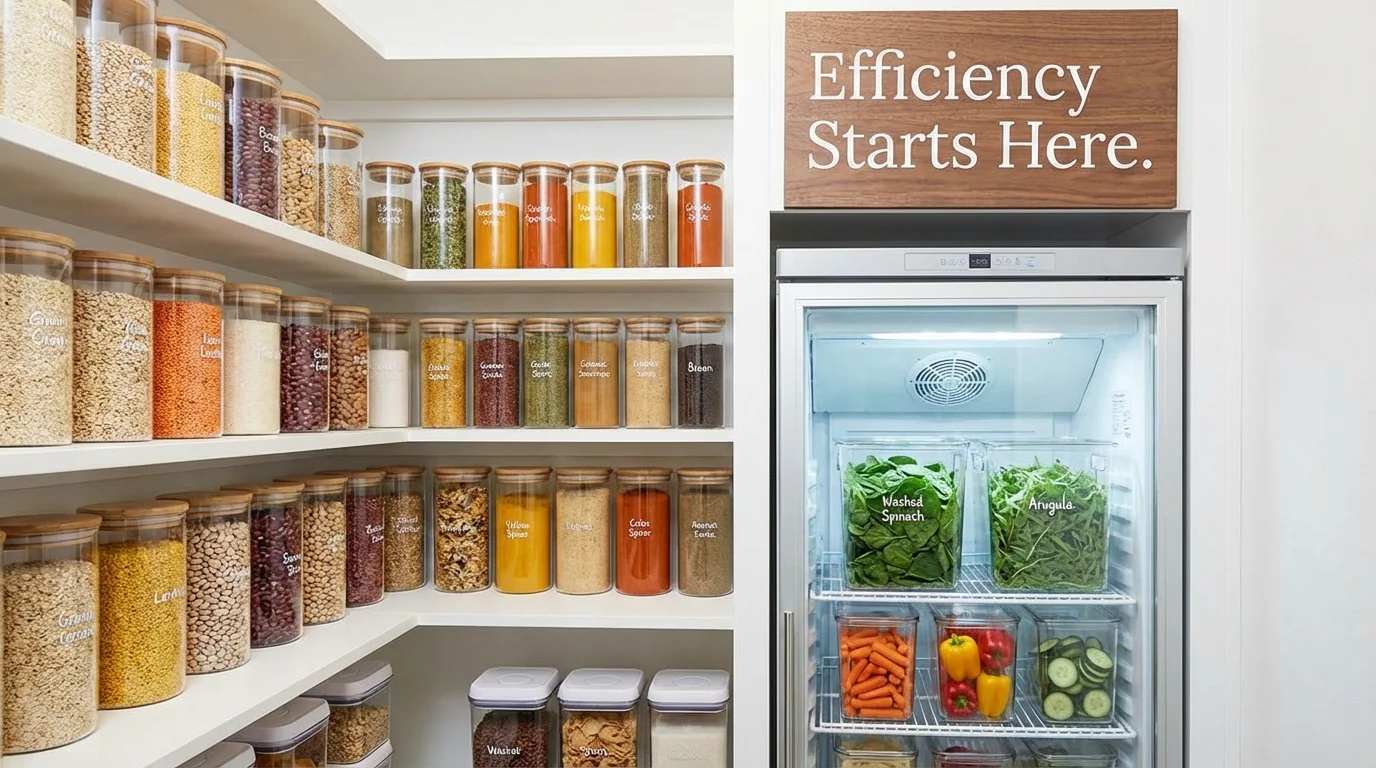Organized pantry and prepped vegetables highlighting efficient kitchen management.