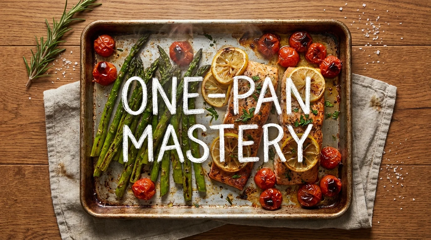 A sheet-pan salmon and asparagus dinner illustrating easy cleanup and healthy cooking.