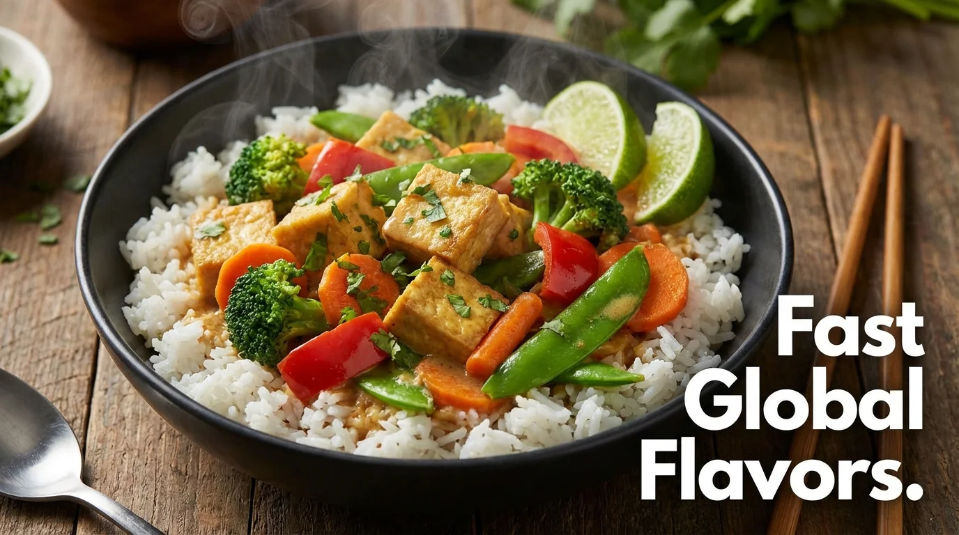 A bowl of quick Thai coconut curry showcasing vibrant colors and fresh ingredients.