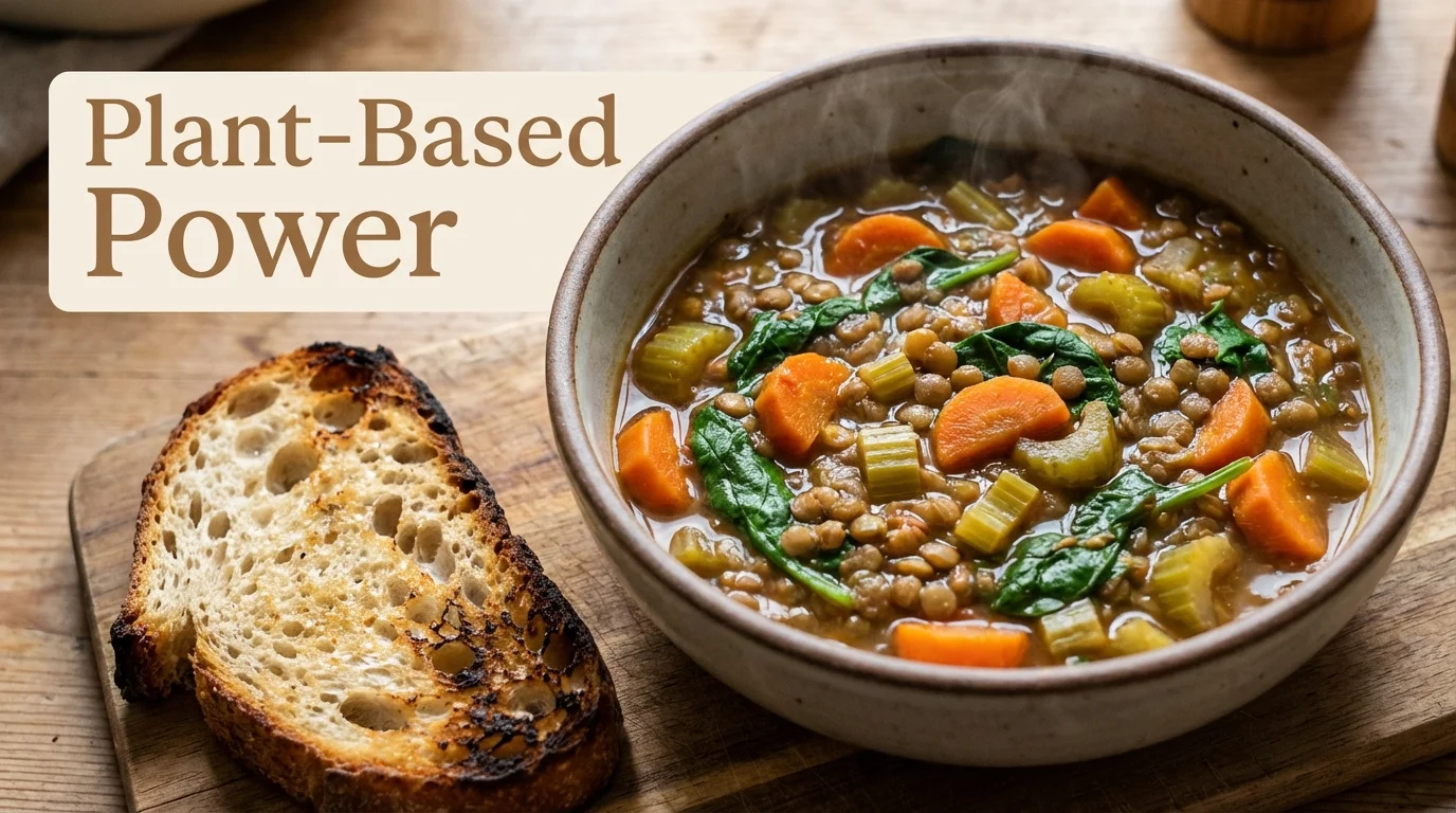 A nutritious lentil stew representing a quick and healthy plant-based weeknight meal.