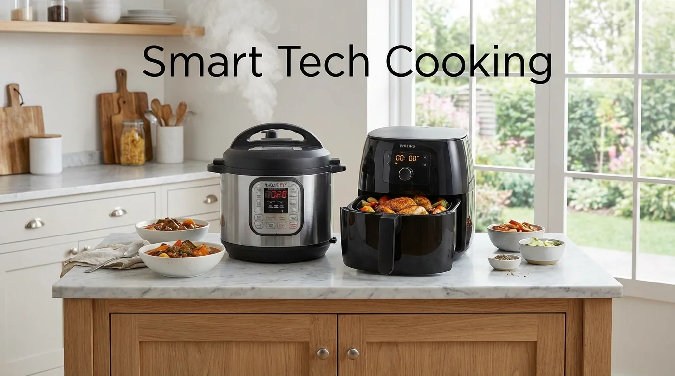 Modern kitchen appliances like an air fryer and pressure cooker used for fast meal prep.