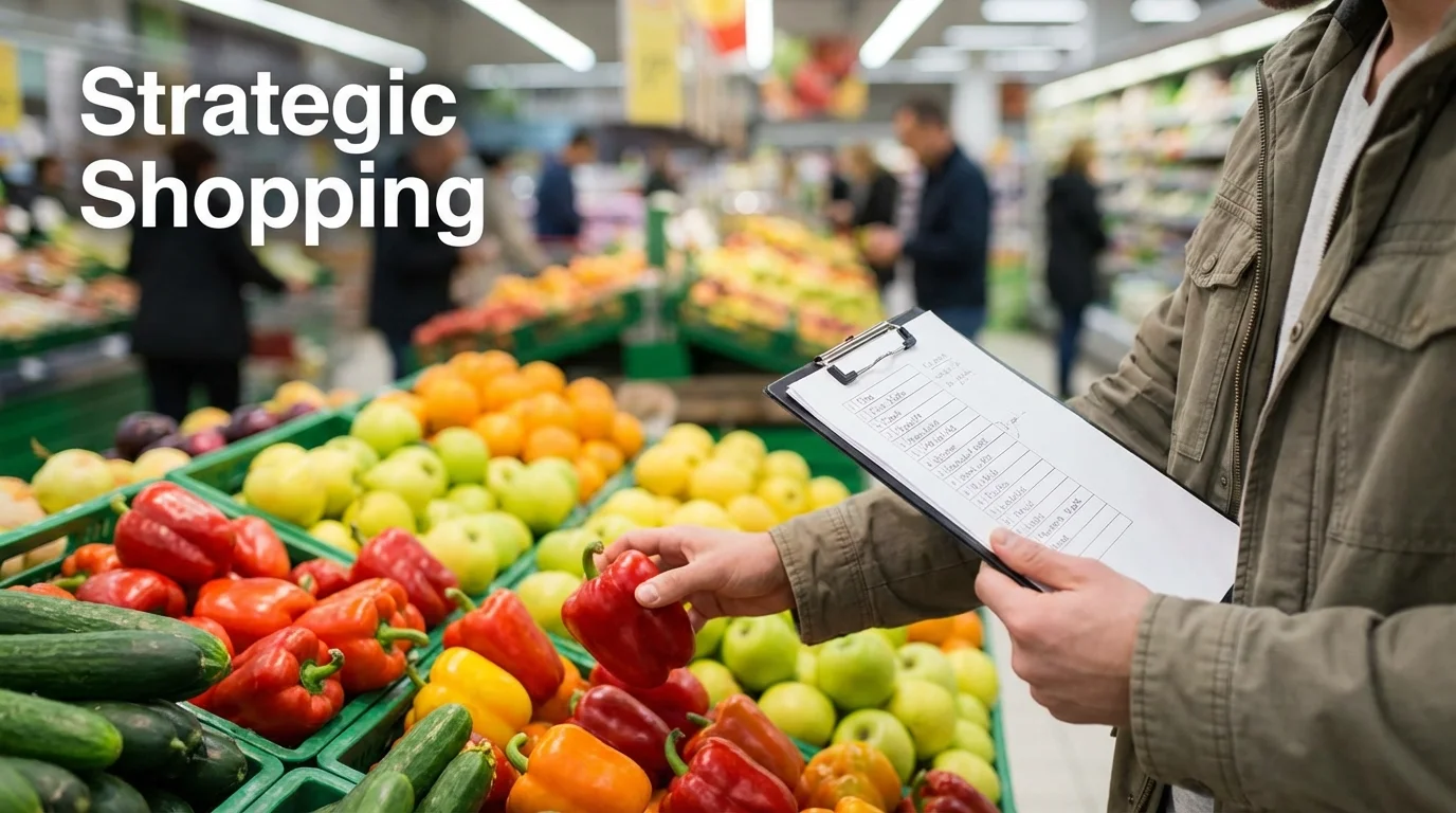 A shopper using a meal-planned list to efficiently navigate a grocery store.