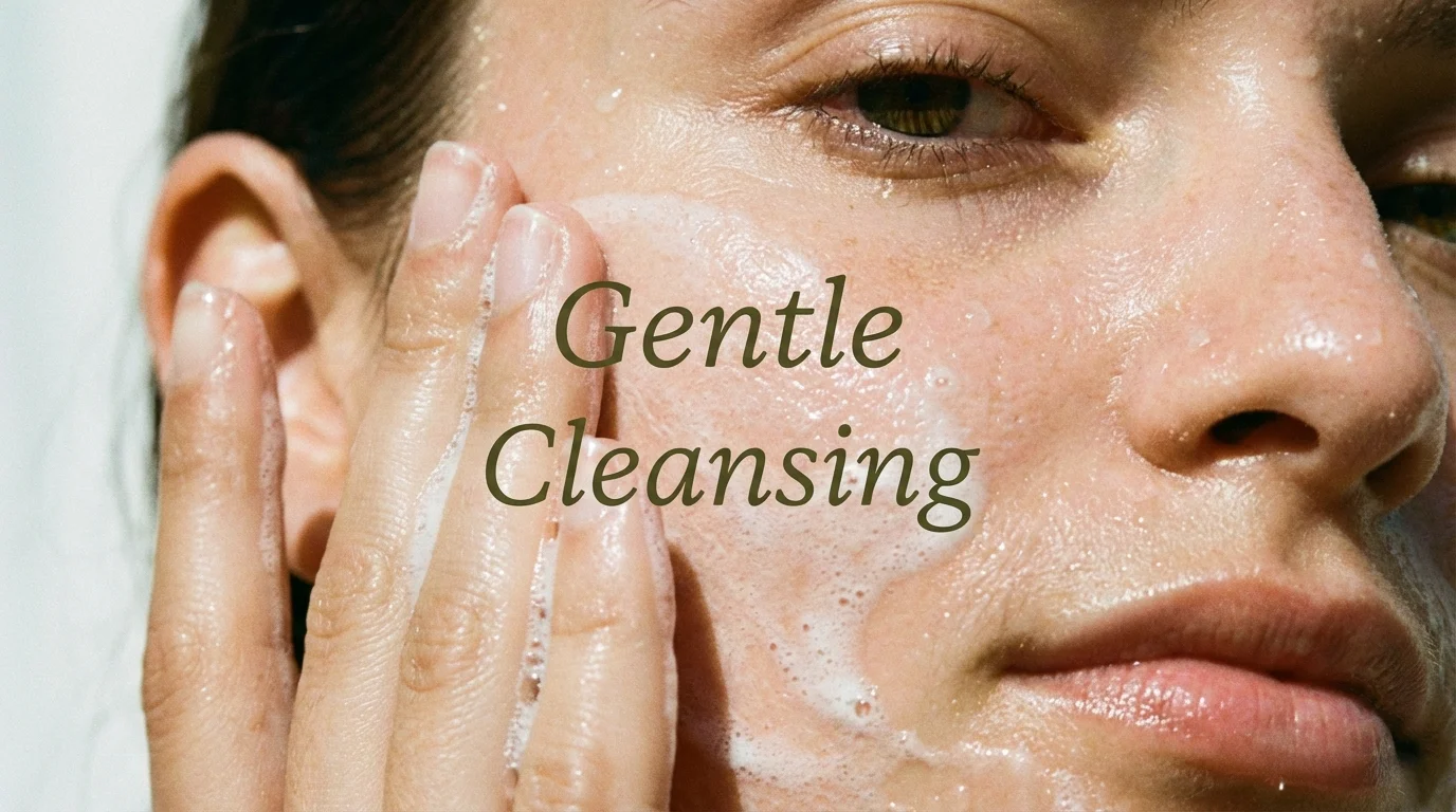 Person applying a creamy cleanser to their face in a slow, circular motion.