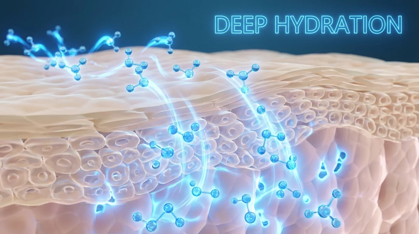 Microscopic view of hydration entering skin cells for deep moisture.
