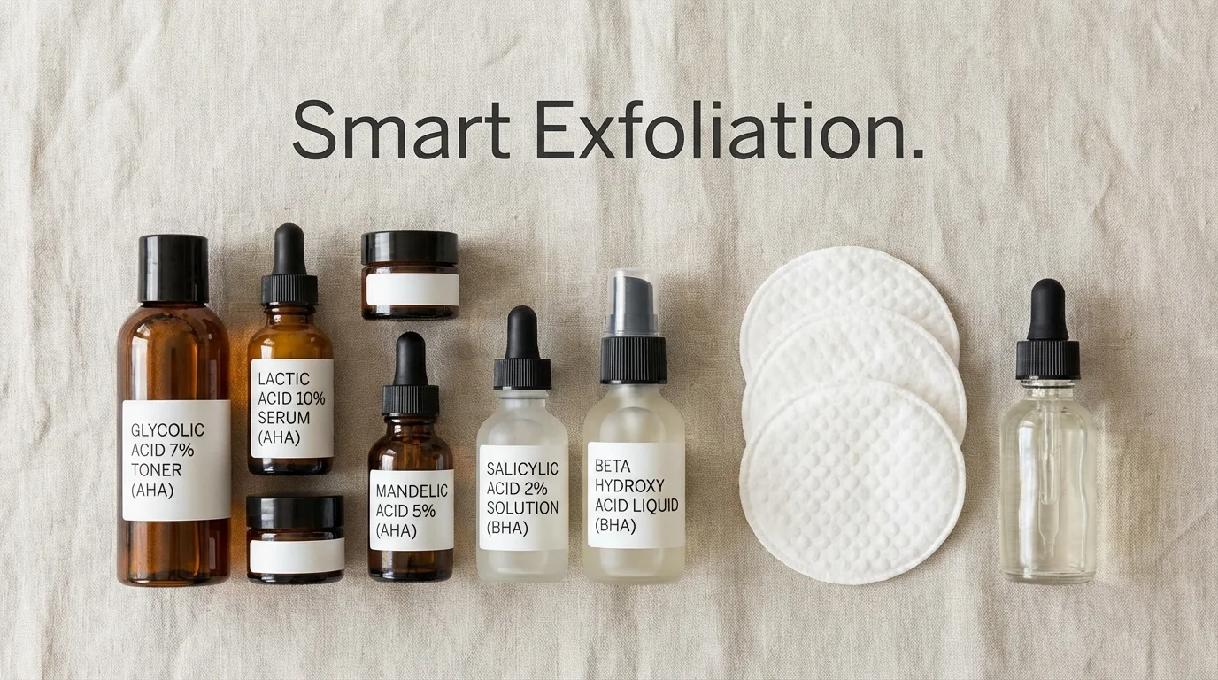 Various chemical exfoliant bottles arranged on a white background.