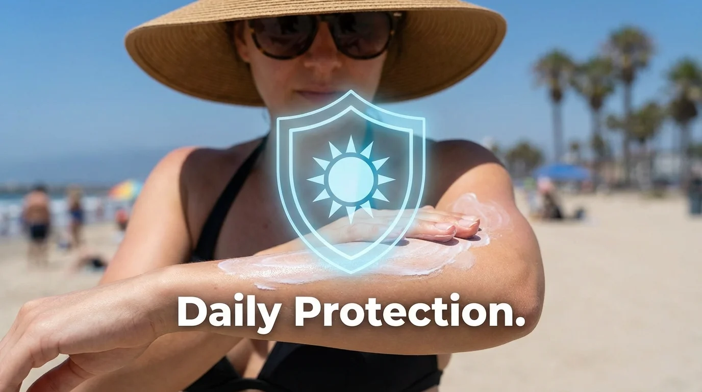 Close-up of sunscreen application during a sunny day with protective symbols.