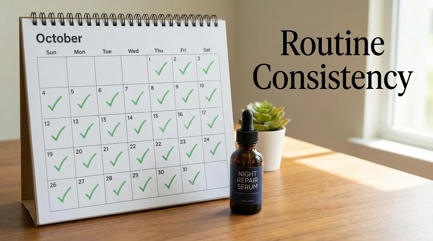 A desk with a calendar and skincare products, emphasizing daily habits.