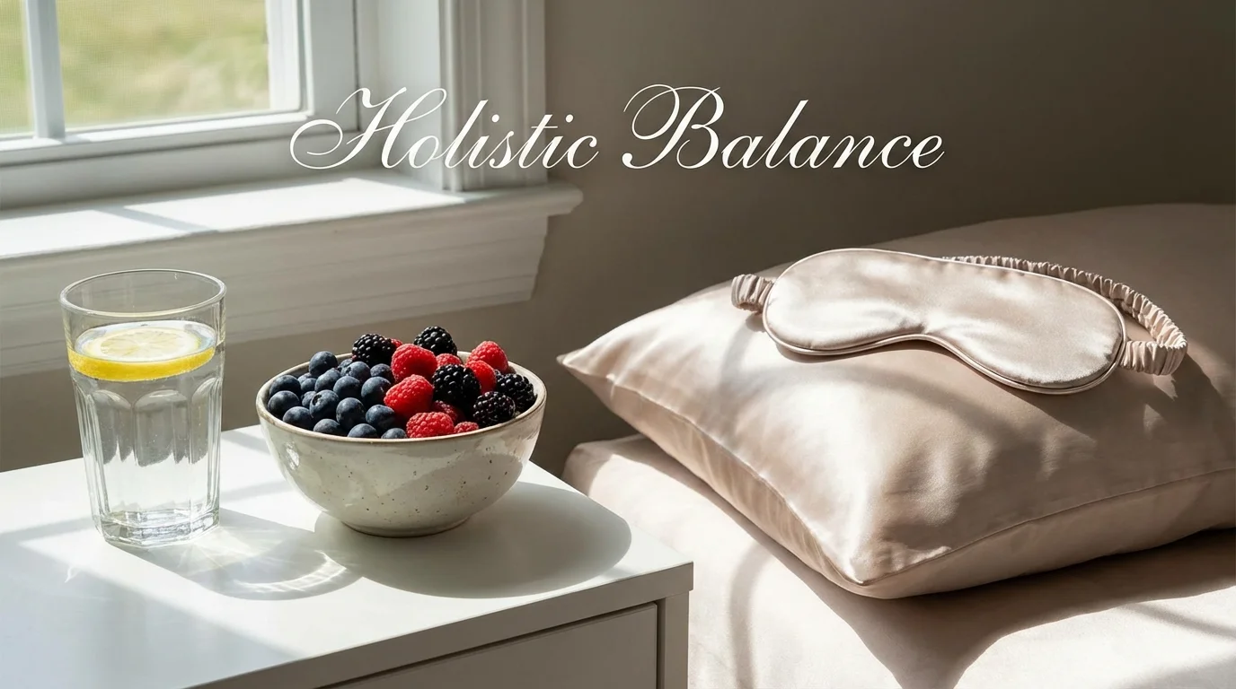 Healthy lifestyle elements like water, fruit, and sleep accessories.