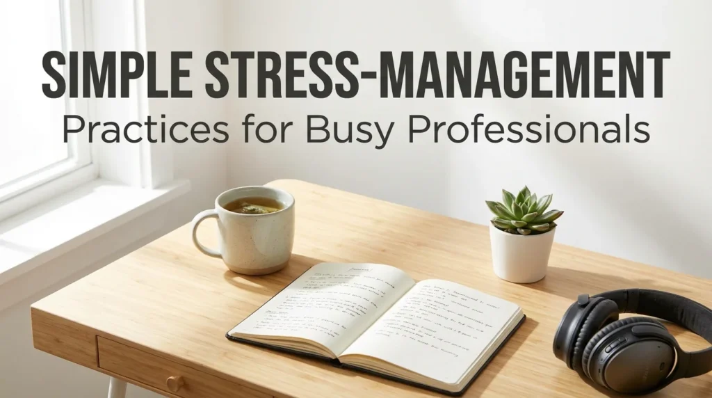 A busy professional practicing quick stress-management techniques at a modern workspace to improve mental clarity and reduce cortisol.