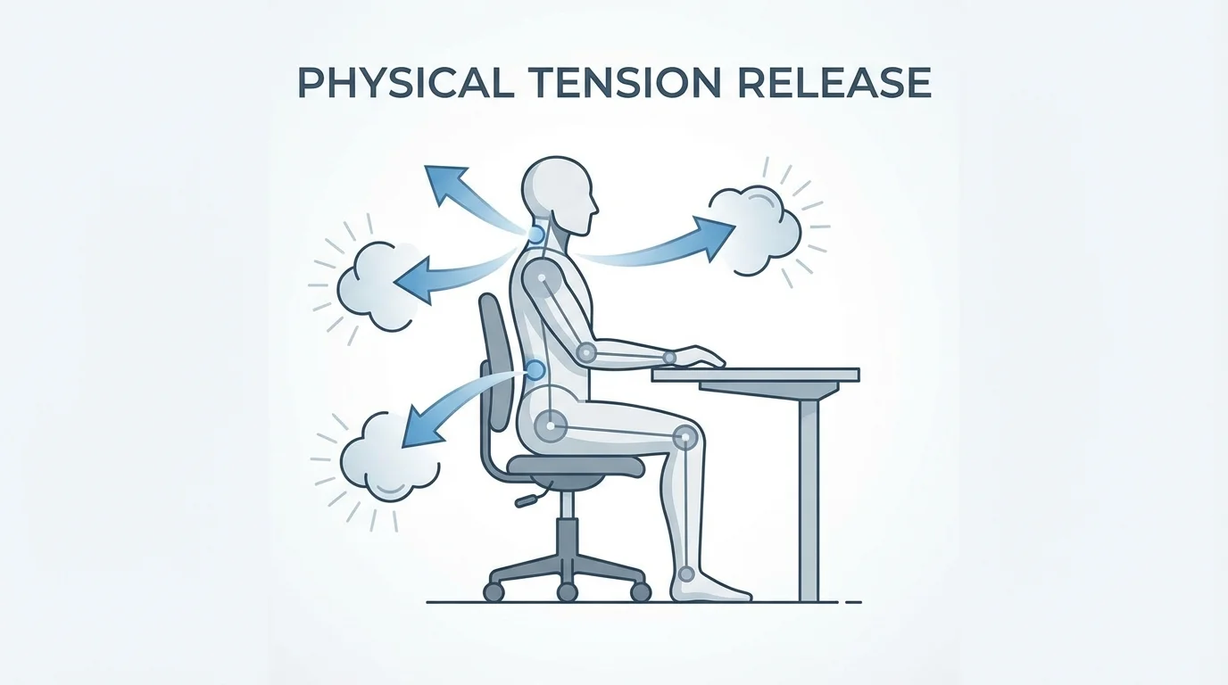 Diagram showing ergonomic stretches to release muscle tension at a desk.