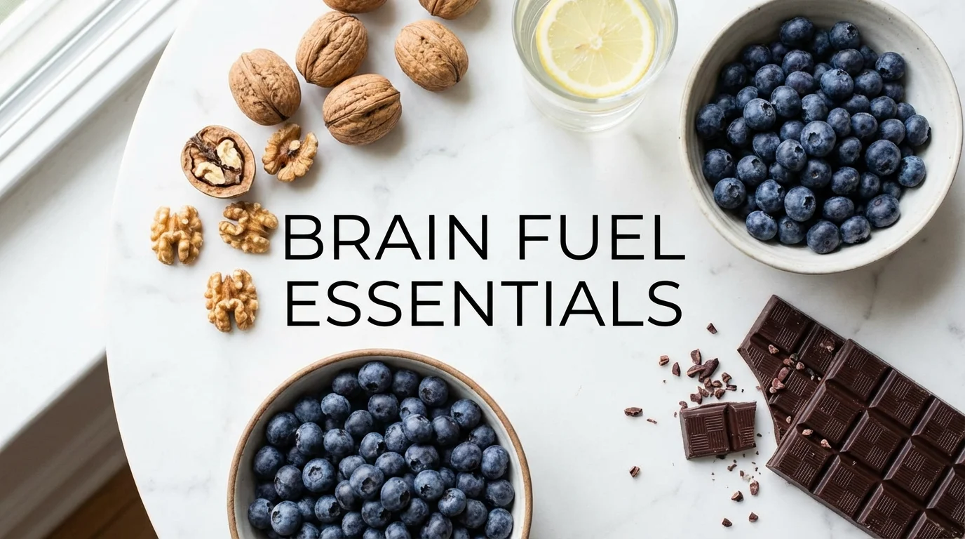 Selection of healthy snacks that support stress management and cognitive function.