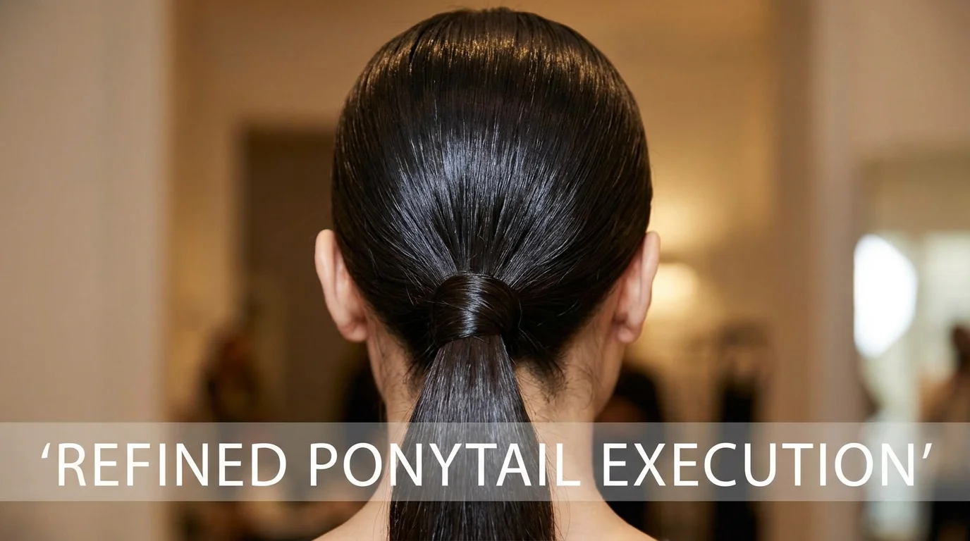 A low ponytail with a hidden hair elastic for a polished look.