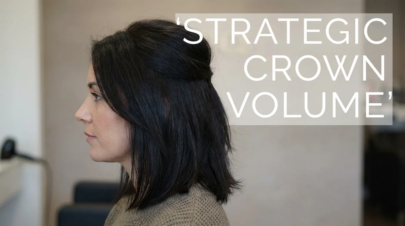 Profile view showing volume at the crown for a balanced hairstyle.
