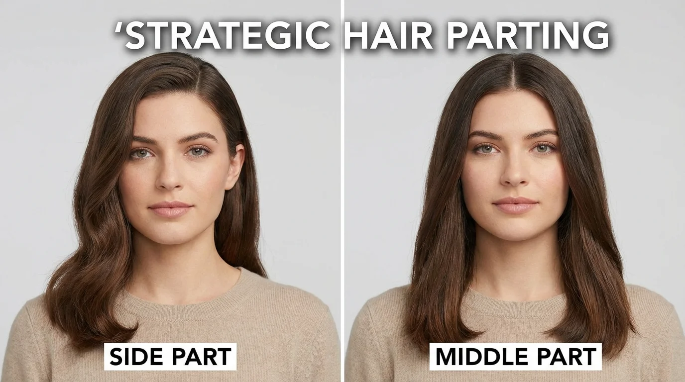 Demonstration of how hair parting affects facial symmetry.