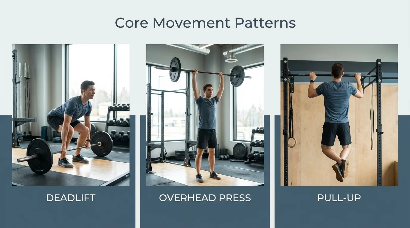 A composite image illustrating the fundamental movement patterns of strength training.