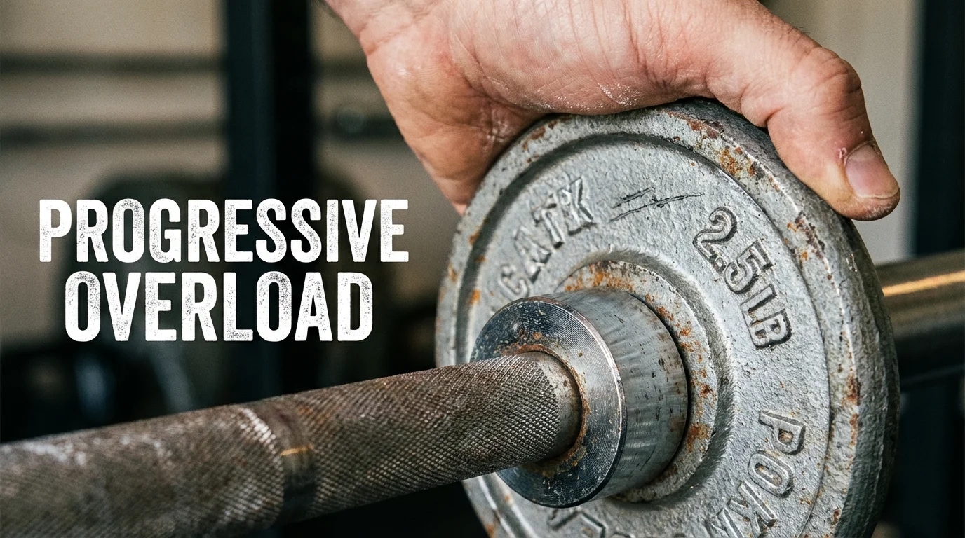 Close-up of a weight plate being added to a barbell to symbolize incremental progress.
