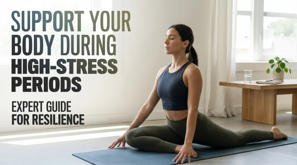 A person practicing mindful relaxation techniques to support their body during a high-stress period, representing holistic wellness and stress management.