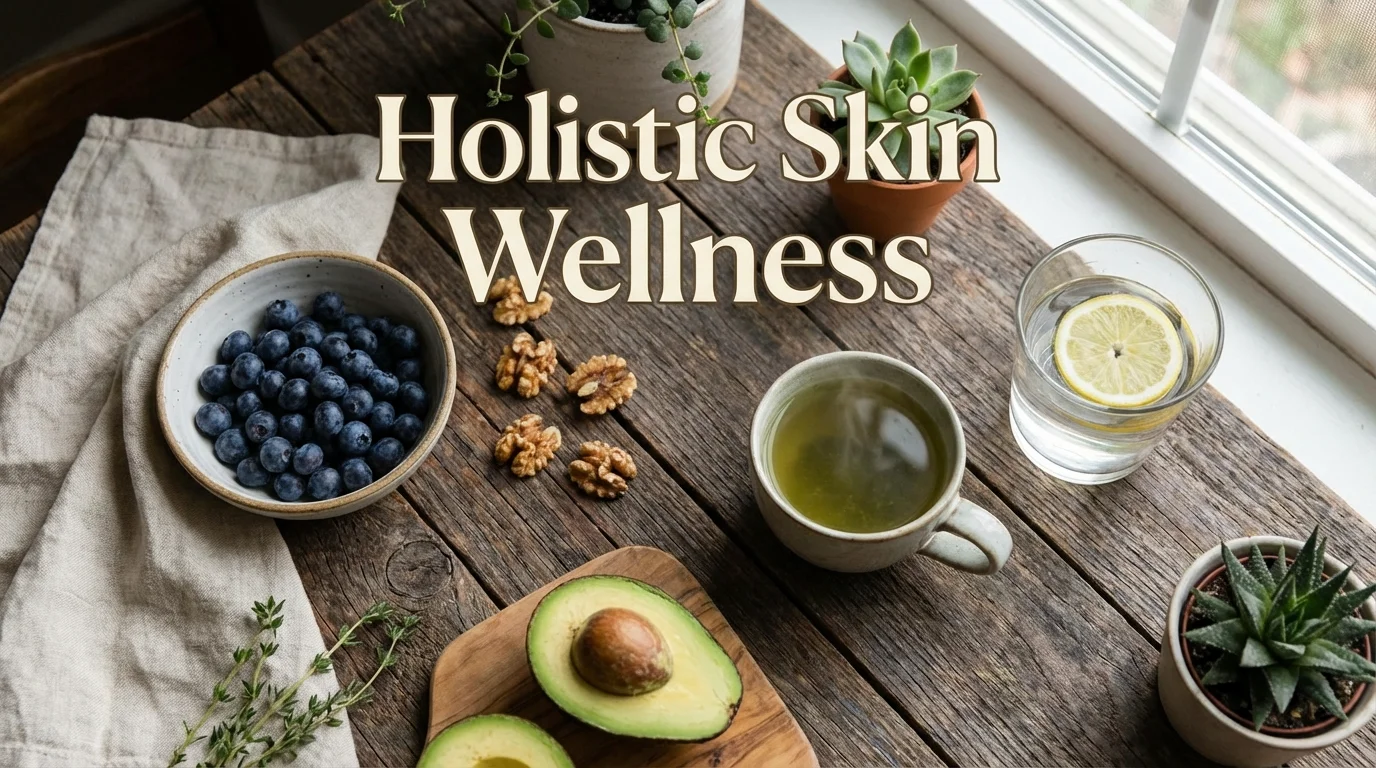 Healthy foods and green tea representing nutrition for skin health.