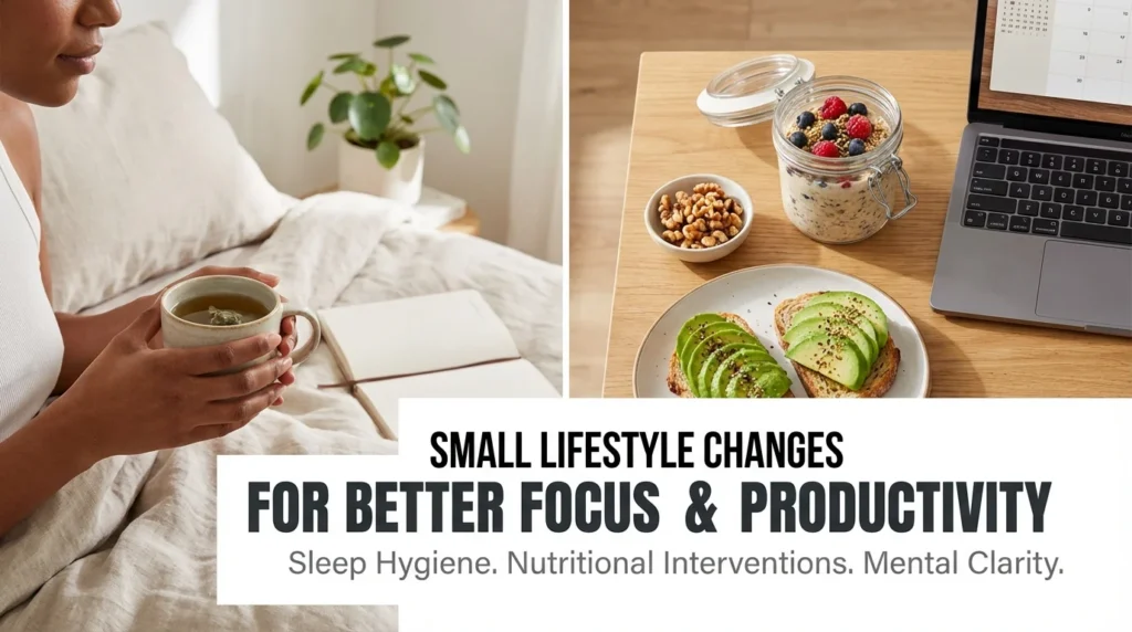 A person working in a clean, organized home office with a green plant and a glass of water, illustrating healthy lifestyle habits that improve focus and productivity.