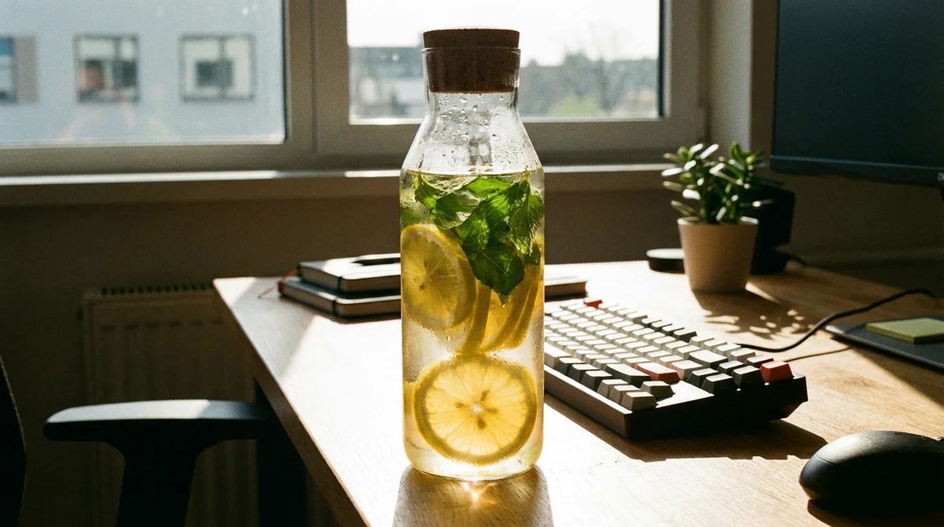 A bottle of lemon-infused water on a desk to represent daily hydration.